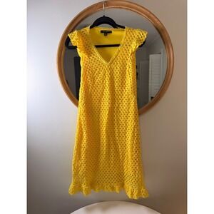 Sharagano Eyelet Lace Dress Yellow Like New Ruffle Flutter Sleeve V-Neck